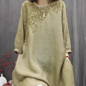 Camisão Retrô de Algodão e Linho Bordada - Estilo Casual.