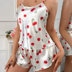 Conjunto de Pijama Feminino 2 Peças com Estampa de Cereja - Top Moda de Verão.
