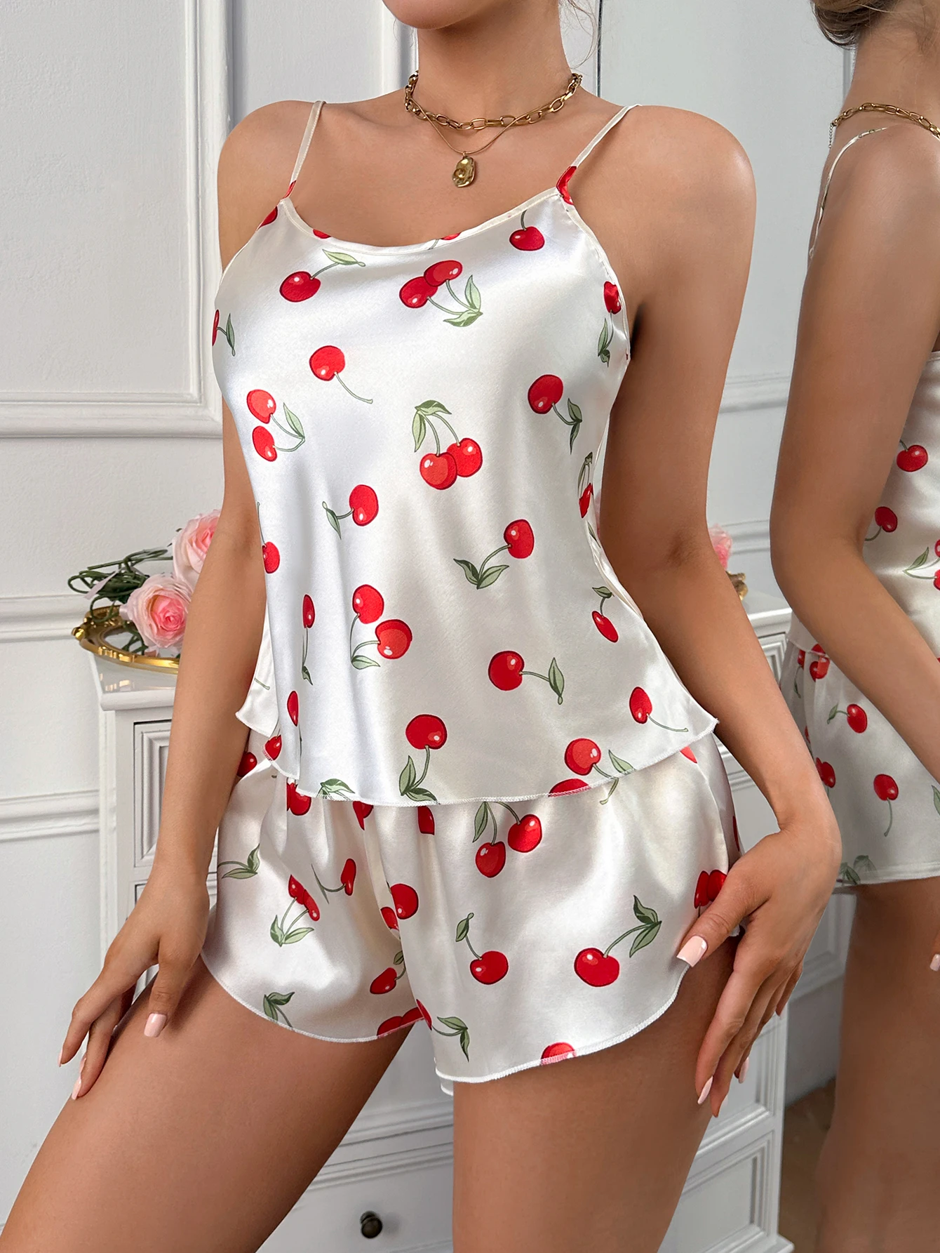 Conjunto de Pijama Feminino 2 Peças com Estampa de Cereja - Top Moda de Verão.